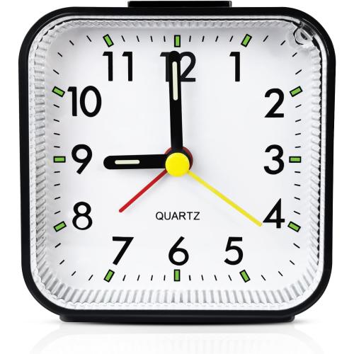 Small Analog Travel Alarm Clock, Battery Operated Desk Table Shelf Clock for Kids, Quieter Bedside Alarm Clocks for Bedrooms Bathroom Living Room Kitchen, Black