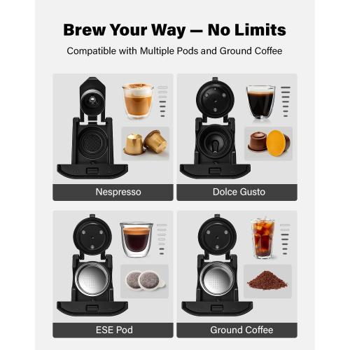 20 Bar Espresso Machine, Compatible with Nespresso Original & Dolce Gusto Capsules, Ground Coffee & ESE Pods, 47.3oz Tank, One-Touch Boil, Smart Controls, Drip Tray & Storage