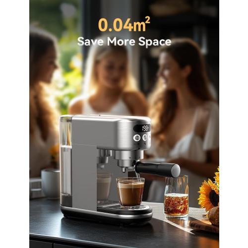 Neretva Espresso Machine 20 Bar, Super Compact Espresso Maker Stainless Steel Professional Coffee Machine Espresso with Power Steam & LED Display for Home Barista Latte and Cappuccino Maker-Silver