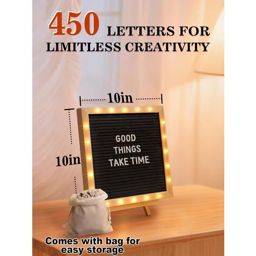 Changeable Felt Letter Board with LED Lights - 10×10 Message Custom Signs & Wood Stand& 450 Letters, Poster Board for Baby/Pregnancy Announcement/Classroom Wall Decor Gifts First Day of School, Black