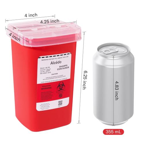 Alcedo Sharps Container for Home Use 1 Quart (1-Pack) | Biohazard Needle and Syringe Disposal | Small Portable Container for Travel and Professional Use