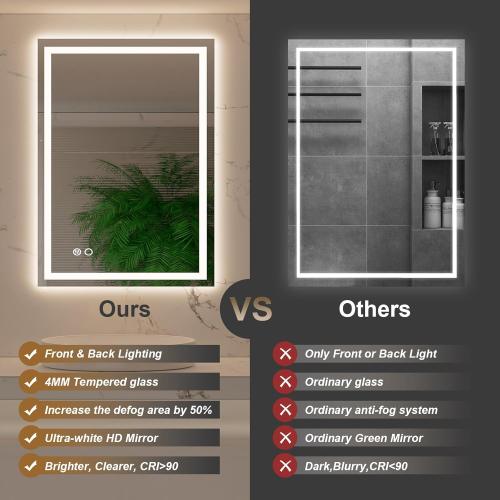 20x28 Inch LED Bathroom Mirror with Lights, Backlit   Front Lit, Dimmable Wall Bathroom Mirror with Led Lights, Anti-Fog, Tempered Glass, 3 Colors, Memory(Horizontal/Vertical)