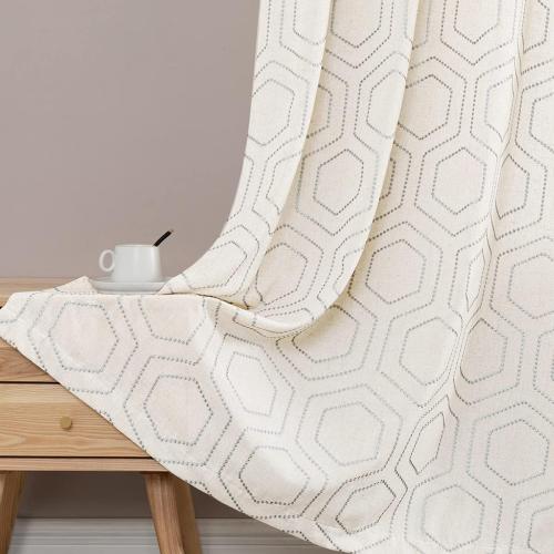 jinchan Grey Boho Window Curtains 84 Inch Length 2 Panels Set Linen Textured Light Filtering Curtains Honeycomb Embroidered Design Living Room Drapes Bedroom Bronze Grommet Window Treatments Set