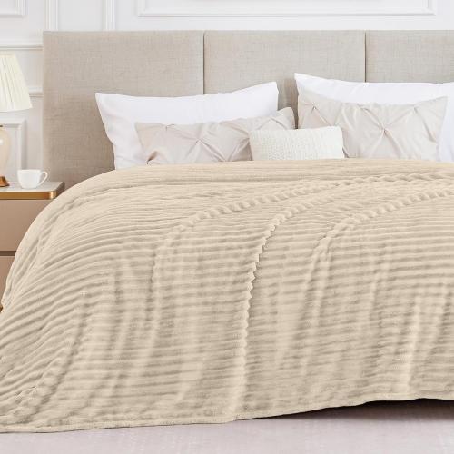 BEDELITE Full Size Blanket for Bed, 300GSM Soft & Warm Fleece Beige Blanket, Decorative and Giftable Striped Blankets for Women, Men, 84x90