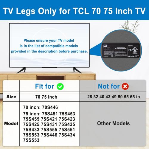 Dinghosen Metal TV Legs for TCL TV Stand Legs 70 75 70S446 75S451 75S453 75S455 75S421 75S423 75S425 75S431 75S435 75S433 75S555 75S551 75S553 75S446 75S434, Replacement for Roku TV Stand