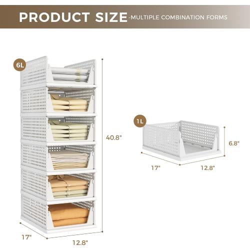 Pinkpum 6 Pack Closet Organizer Storage Bins Stackable Plastic Drawer Shelf