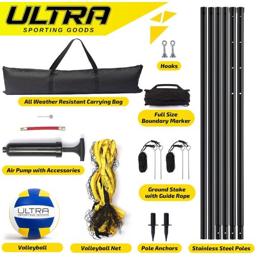 Volleyball Net for Backyard, Beach, Home, Includes 32x3 Ft Regulation Size Net, 8.5-Inch PU Volleyball, Carrying Bag, Boundary Lines, Steel Poles & Pump, Portable Volleyball Net Outdoor and Indoor