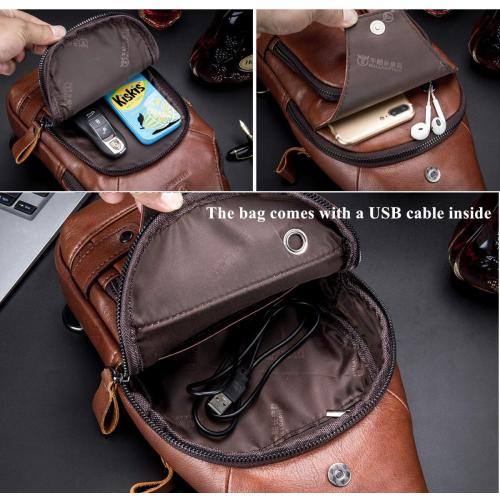 BULLCAPTAIN Genuine Leather Sling Bag with USB Charging Port Multi-pocket Chest Bag for Men Hiking Travel Daypack XB-129