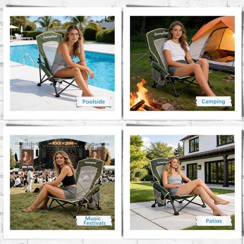 SunnyFeel Low Folding Beach Camping Chair 2 Pack, Portable Backpacking Chairs with Mesh Back,Cup Holder, Compact & Heavy Duty for Adults 300 LBS for Outdoor Picnic Fishing Concert Sand Lawn (2pcGreen)