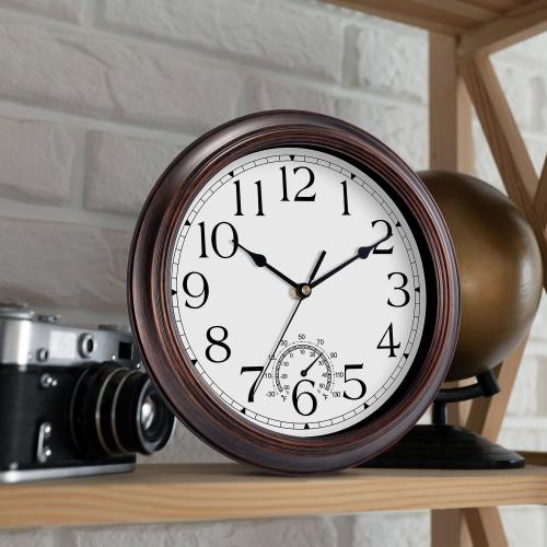 KECYET 12 Inch Outdoor Wall Clock with Thermometers, Vintage Silent Wall Clocks Battery Operated, Retro Non-Ticking Clock Decorative for Living Room, Patio, Kitchen, Office, Bathroom, Bedroom(Bronze)