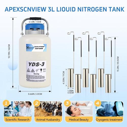 Size 3L Liquid Nitrogen Tank, Aluminum Alloy Cryogenic Container Liquid Nitrogen (LN2) Dewar, Semen Tank, Liquid Nitrogen Dewar with 6 Canisters & Carry Bag (3L)