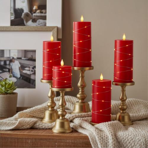 Raycare Flameless Candles with Remote Timer, Flickering Battery Operated LED Pillar Fake Candle with String Lights for Home Decor, Christmas, Wedding and Gift, Red, Set of 5