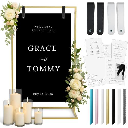 Gold Wedding Welcome Sign Stand with Holder - Elegant Metal Easel Display for Seating Chart, Reception Signs, Welcome Board - 30  Customizable designs for Baby, Bridal Shower - Versatile Party Sign Holder