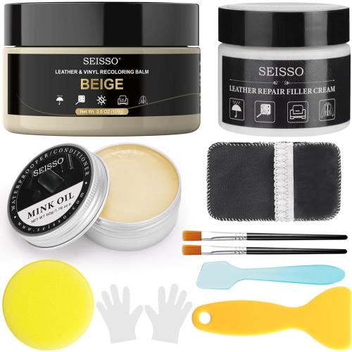 SEISSO Leather Repair Kit for Furniture, Beige Vinyl Repair Kit with Mink Oil for Couches, Color Restorer Conditioner, Leather Recoloring Balm for Scratches, Fading Shoes, Car Seat, Sofa