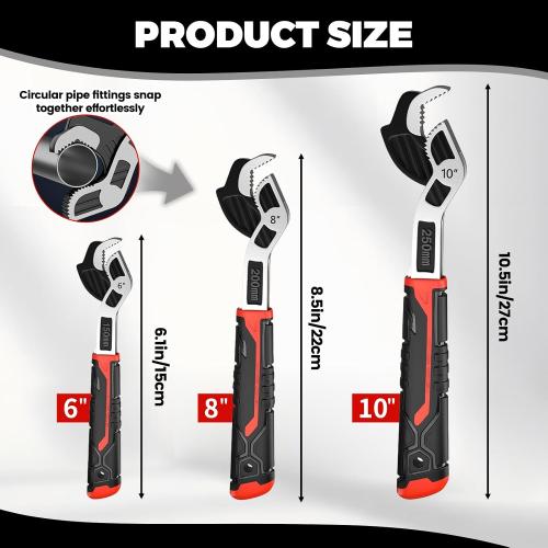 6” 8” 10” Multi-function Self-locking Pipe Wrench Set, Chromium Vanadium Steel,Plumbers Wrench with Self Tightening Function for 9/32”-1 3/8” (7-35mm) Pipe Fittings and Nuts (1set)