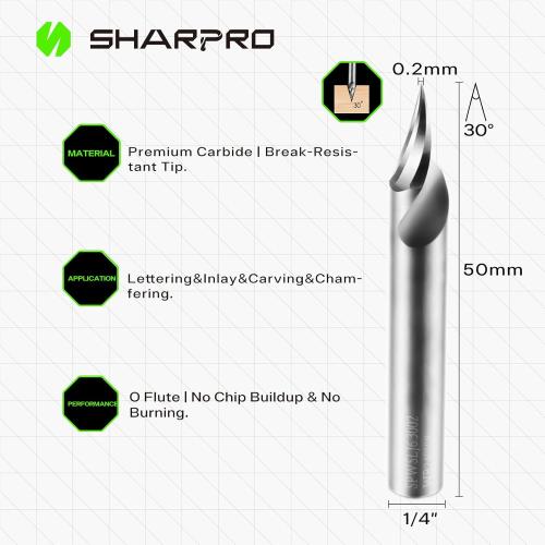 Chamfer Router Bits V Groove O Flute Spiral Router Bit 30 Degree 1/4 Inch Shank CNC Carbide V-bit for Engraving and Chamfering Lettering, Ideal for Wood, Acrylic and PVC