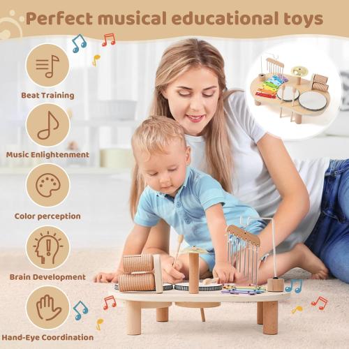 Promise Babe Wooden Musical Instruments for Toddlers 1-3, Percussion Instruments for Kids Baby Drum Set Xylophone, Montessori Educational Musical Toys, Gifts for Girls Boys Ages 3