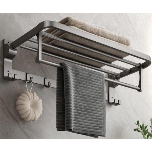 Bathroom Towel Rack with Towel Bar and Hooks 23.6 in Foldable Towel Shelf Wall Mounted Lavatory Towel Organizer Modern Gray Finish