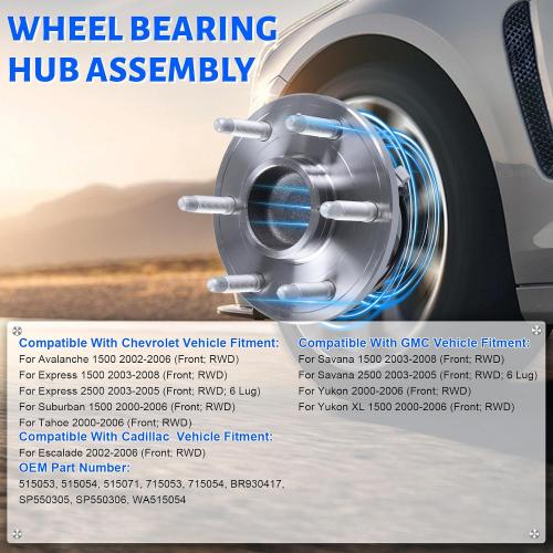 2 x 515053 Front Wheel Bearing Hub Assembly with 6 Lug ABS Compatible with Cadillac Escalade 2002-2006, Fit for Chevrolet Avalanche 1500 2002-2006, Fit for GMC Savana 1500 2003-2008