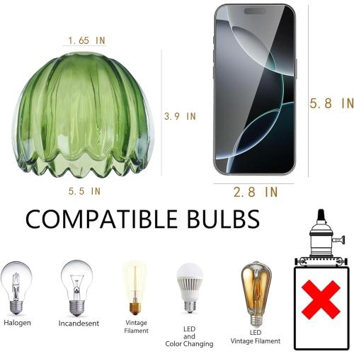 Glass Green Tulip Lamp Shades Set of 2 Small Flower Art Blown Lampshades,1.58lb,1.65 Top x 5.5 Diameter x 3.9 Height,Replacement Mini Lamp Shade for Floor Lamp Table Wall Lamp Chandelier Decor