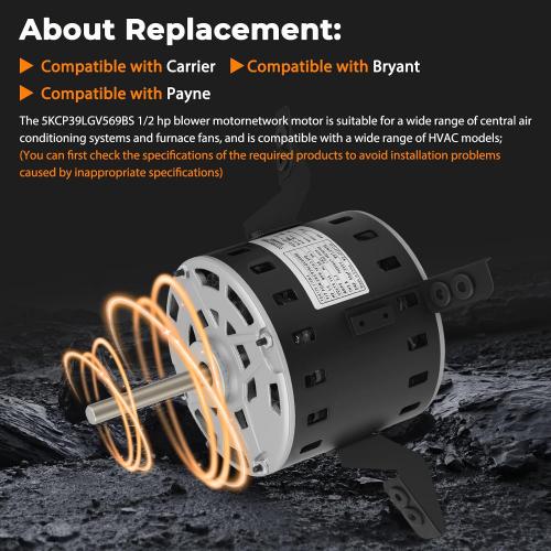 Blower Motor Furnace with Capacitor 5KCP39LGV569BS 1/2HP 115V Compatible with Carrier, fit for Bryant Payne HC43TE113 AC Conditioner Motor (7.9A 48 Frame 60Hz 1075RPM 3Speed CW/CCW)