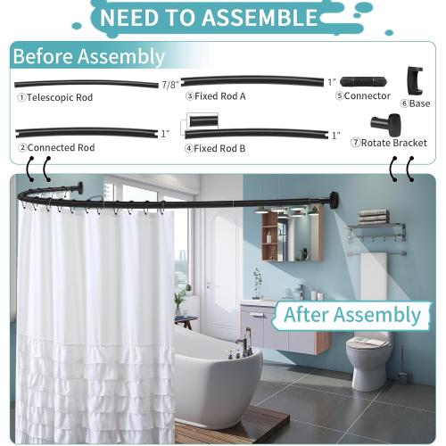 YNL Curved Shower Curtain Rod 35-82In(2.9-6.8Ft), Matte Black Rounded Rustproof Shower Rod for Bathroom Bathtub, Adjustable Arched Shower Rod, Never Rust|Extra Space|Non-Slip|Expandable|Need to Drill