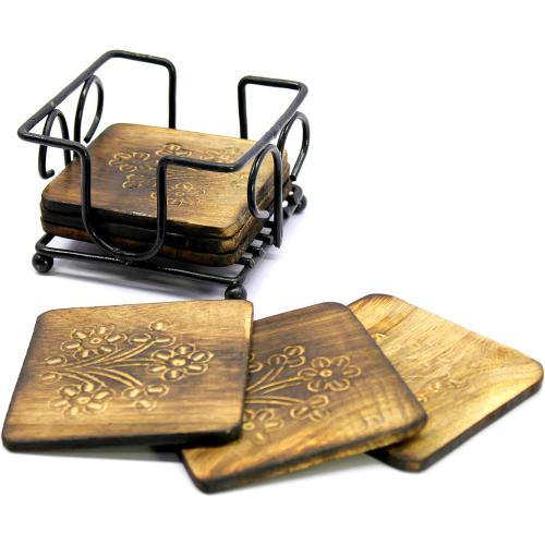 StonKraft Wooden Tea Coffee Coasters/Rustic Vintage Look Coasters Set with Wrought Iron Holder