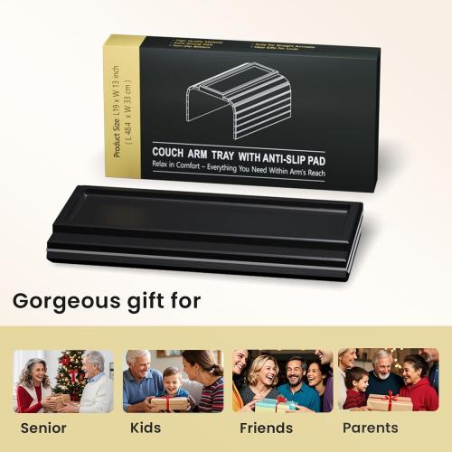 Sofa Arm Tray,Bamboo Folding Couch Arm Tray,Sofa Armrest Trays with Anti-Slip Pad for Drinks,Snacks,Phone,Remote Control（Black）