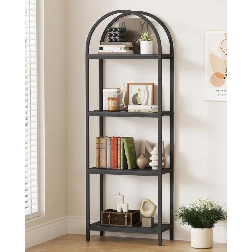Yusong Bookshelf 4 Tier Arched Bookcase, 71.3 Tall Industrial Open Book Shelves for Living Room, Modern Freestanding Display Shelving Unit Storage Rack with Metal Frame, Office, Bedroom, Black