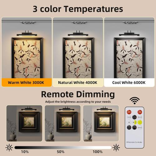 Picture Light,Wireless Rechargeable Gallery Light with Remote,5000mAh Dimmable Painting Rechargeable Picture Lights for Wall,12 inch Metal Picture Lights for Art,Paintings,Mirror,Black