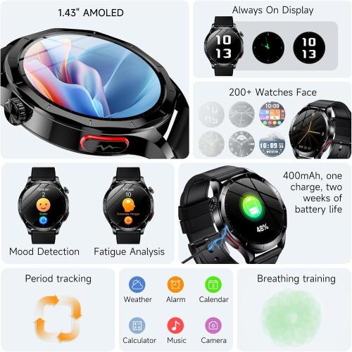 Smart Watch for Men Women, 1.43 AMOLED HD Health Watch with Answer/Make Call 24H Heart Rate Blood Pressure SpO2 Stress Sleep Monitor SOS Call Fitness Watch (Black Leather)