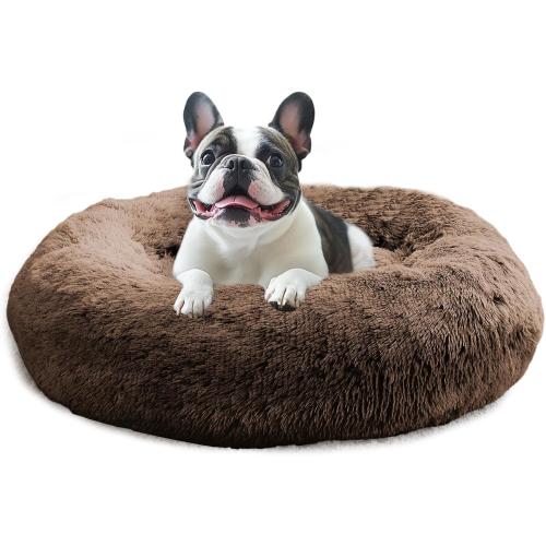 JOLLYVOGUE Calming Dog Bed for Small Dogs - 23 inches Donut Washable Small Dog Bed for Kittens & Puppies, Anti-Slip Round Fluffy Plush Faux Fur Cat Beds (Fits up to 25 lbs Pets, Coffee)