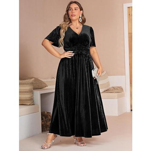 Siza 1XL Simplee Women’s V Neck Velvet Maxi Dress Short Sleeve Empire Waist Long Formal Dress for Wedding Guest