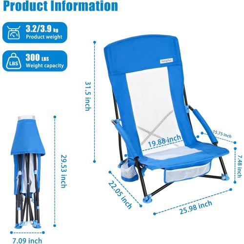 SUNNYFEEL Folding Beach Chair, High Back Beach Chairs for Adults, Lightweight Portable Camp Chair 300lbs Heavy Duty with Carry Bag, Cup Holder for Outdoor Travel Picnic Concert, 2 Pack, Blue
