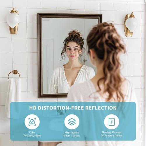 Retro Copper Effect Framed Wall Mirror, 24x36 Rectangle Mirror, Anti-desilvering Tempered Glass, Sustainable& Sturdy Frame, Farmhouse Mirror, Anti-Rust, 3min Fast Setup for Bathroom Living Room