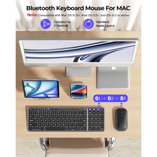 Color Black seenda Bluetooth Keyboard and Mouse for Mac, SKM64-2 Multi-Device Rechargeable Slim Wireless Keyboard Mouse Stainless Steel Full Size, Compatible with MacBook Pro/Air, iPad, Mac - Space Gray