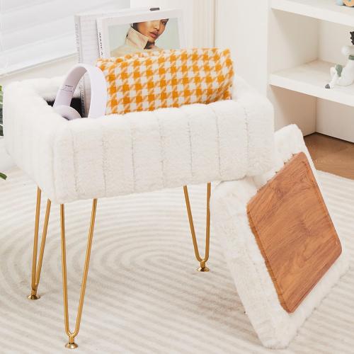 Wimarsbon Storage Ottoman, Vanity Stools with Metal Legs, 16.5 x 11.8 x 18 Modern Faux Mink Fur Footstool, Makeup Chair with Anti-Slip Feet, Accent Table,Footrest,Storage Bench for Bedroom