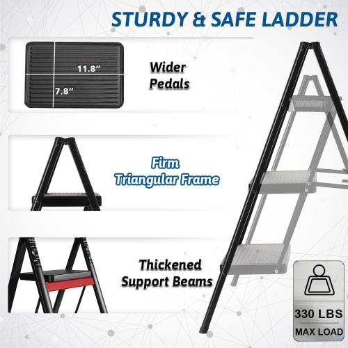 Double Elite Step Ladder 3 Step Folding, Sturdy 330 Lbs Load Small Step Stool for Adults, Safer Full Steel Multi-use Kitchen Ladder for Home, Closet Step Stool Ladder with Wide Pedals, Black, 3-Step