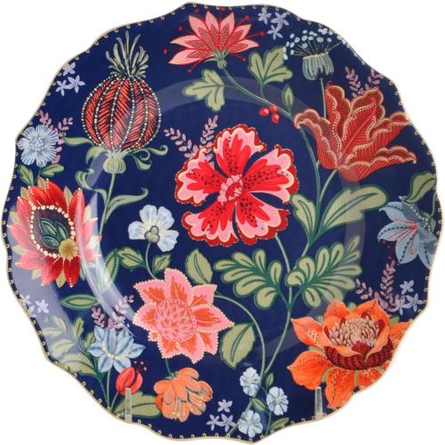 222 Fifth 12-Piece Porcelain Dinnerware Set for 4, White & Parisian Blue Plates and Bowls Set with Gold Rim, Glossy Ceramic Dish Set with Detailed Floral Design, Microwave & Dishwasher Safe, Chintz