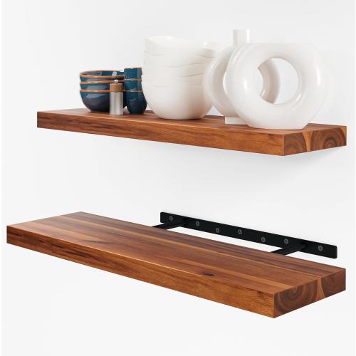 BATODA Set of 2 24 Acacia Wood Floating Shelves Wall Mounted – Rustic Farmhouse Wooden Wall Storage Shelf for Bedroom, Kitchen, Home Décor - Brackets and Shelving Hardware Included