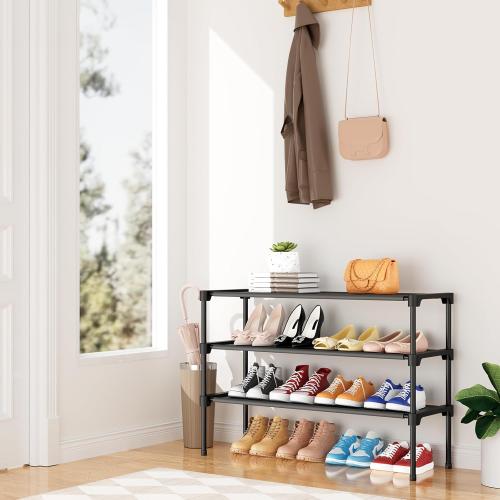 32.3 Widening Design Shoe Rack for Closet 16 Pairs Small Spaces Non-Woven 3 Tier Shoe Organizer Stackable Metal Shoe Shelf for Entryway, Bedroom