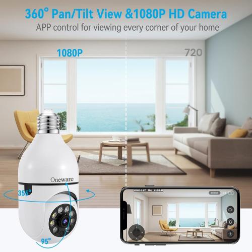Light Bulb Security Camera HD Pan Tilt Wireless 360 Degree Floodlight Night Vision 5Ghz with Floodlight Human Motion Detection and Alarm 2pack