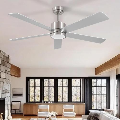 Silver 52 Modern Ceiling Fan with Lights, Remote, 6-Speed DC Motor, Reversible Blades, Matte Finish, Indoor/Outdoor Use