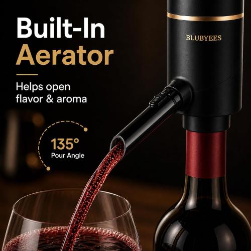 BLUBYEES Electric Wine Aerator and Decanter Set with Stand Base, Rechargeable Automatic Aerator Dispenser with One-Touch Pouring and Built-in Pourer, Father’s Day Wine Gift for Men