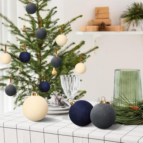 15 Pcs Velvet Christmas Ornaments 2.36 Inch Neutral Shatterproof Plastic Velvet Balls Flocked Ornaments for Christmas Tree Hanging Decorations(Beige, Gray, Dark Blue)