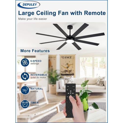 Depuley 72 Ceiling Fans with Lights: Black Indoor/Outdoor Ceiling Fan for Patios Living Room - 8 Blades Dimmable Large Ceiling Fans with Remote APP Control Timer Reversible Quiet DC Motor 6 Speeds