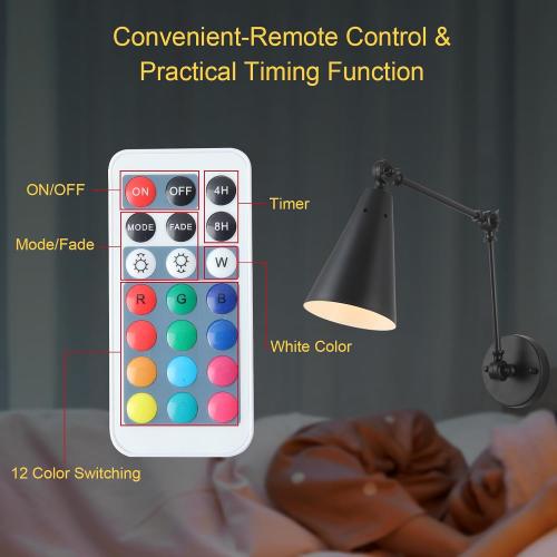 MWZ Black Swing Arm Wireless Rechargeable Sconces Set of 2,Battery Operated Dimmable 12 RGB Color Cordless Wall Lamp with Remote,Cone Indoor Non Hardwired Wall Mounted Light Fixture for Bedside