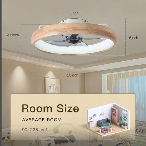 Wood 20” Ceiling Fan with Light, Dimmable LED Timing with Remote Control, 5 Invisible Reversible Blades Semi Flush Mount Low Profile Fan, Arc Wooden Frame