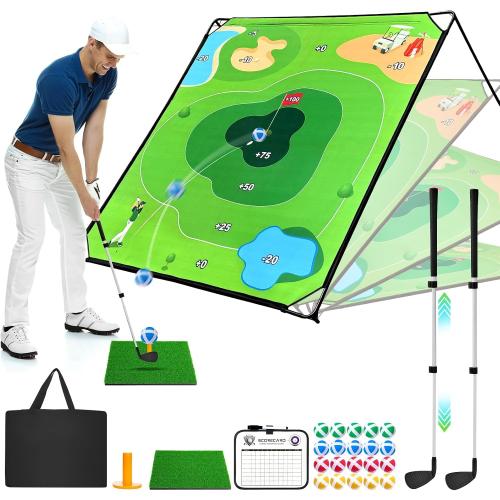 Golf Chipping Game with 6 x 6 FT Large Target Mat Training Set | 2 Adjustable Clubs, Sticky Balls, Scoreboard for Adults & Beginners, Backyard Fun, Indoor Outdoor Play, Party Activities