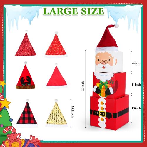 Cholemy 24 Pcs Christmas Stackable Box Decoration Set Nesting Gift Boxes with Lids and Christmas Hat Large Three Dimensional for Party Decoration, 6 Styles